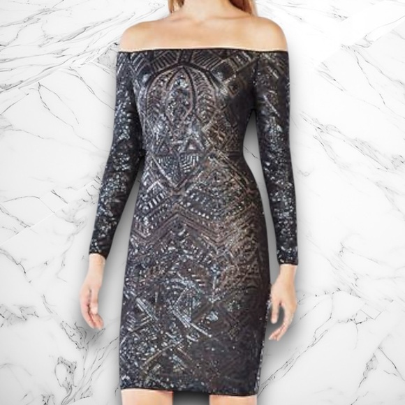 NWT BCBGMAXAZRIA Eunice Gunmetal Sequin Cocktail Dress Womens Size Large - Picture 1 of 11